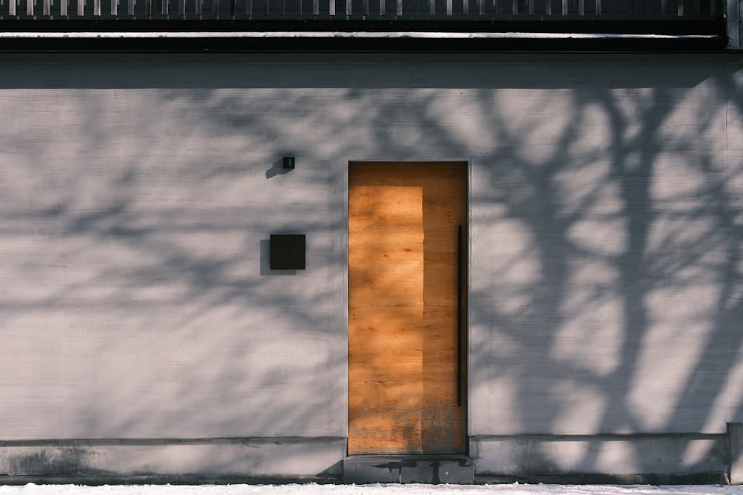 Modern trädörr i varma toner mot grå putsfasad med trädskuggor